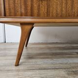 1950s chest of drawers covered in walnut with brass handles
