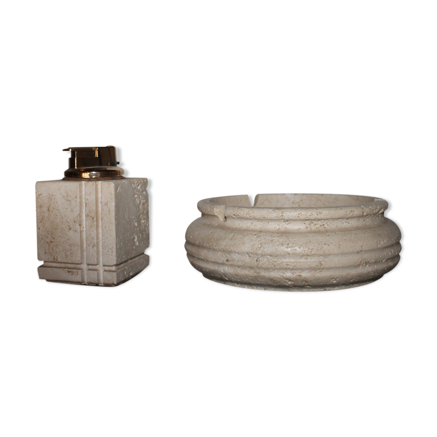 Set ashtray and table lighter in vintage travertine 1960