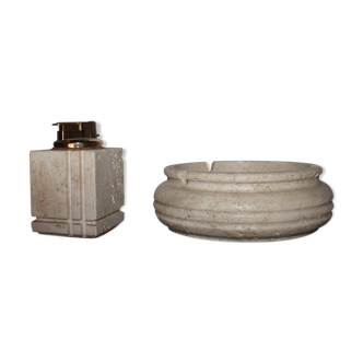 Set ashtray and table lighter in vintage travertine 1960