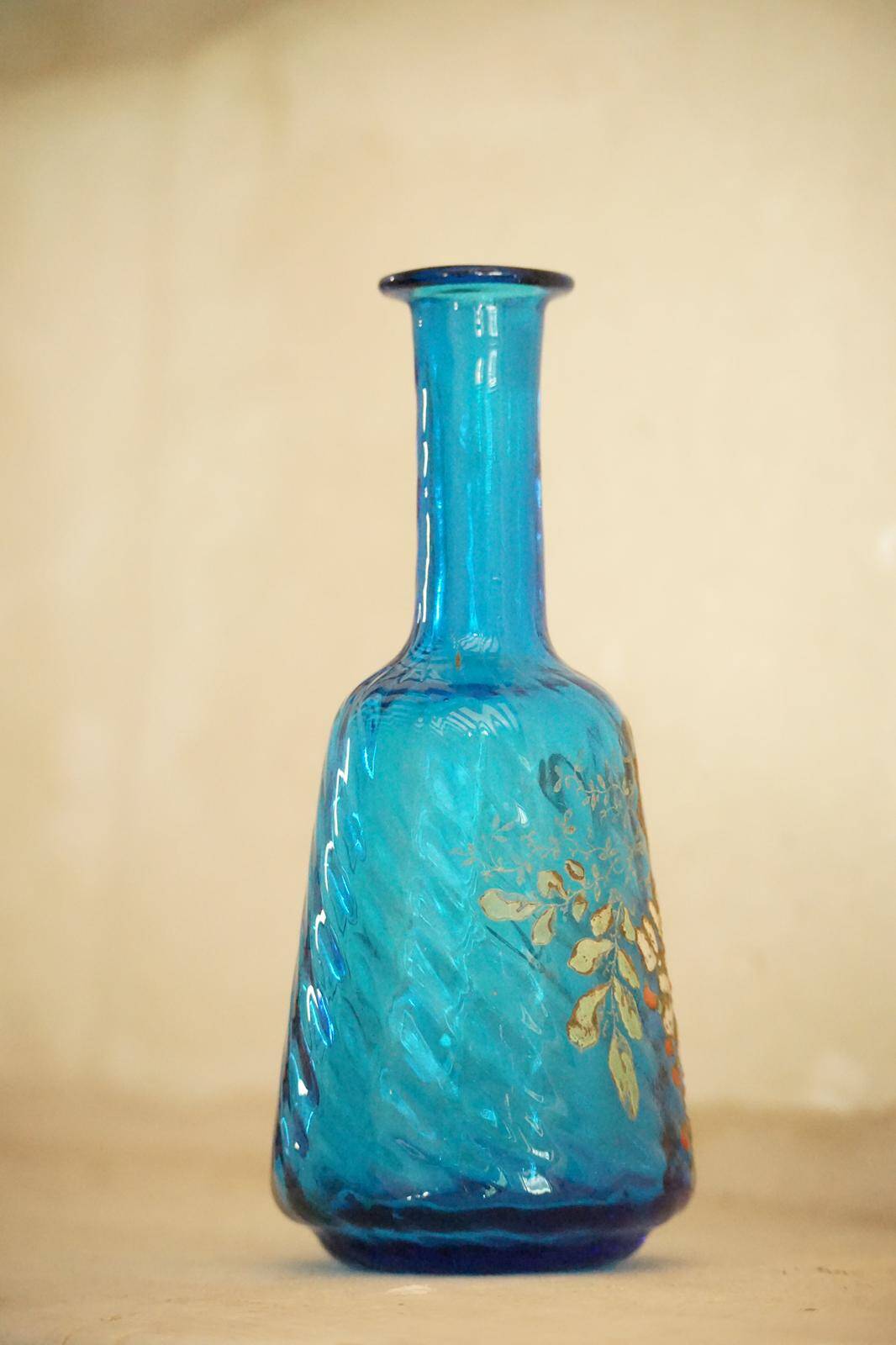 Legras glass carafe in blue enamel with a wisteria design.