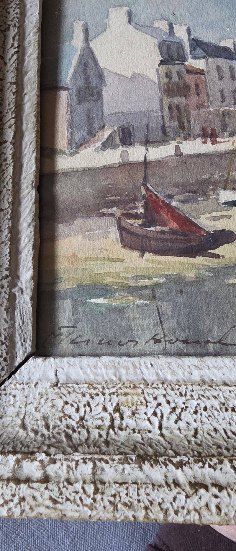 Claude HOUAL Marine Watercolour Titled "Port Haliguen" Circa 1950
