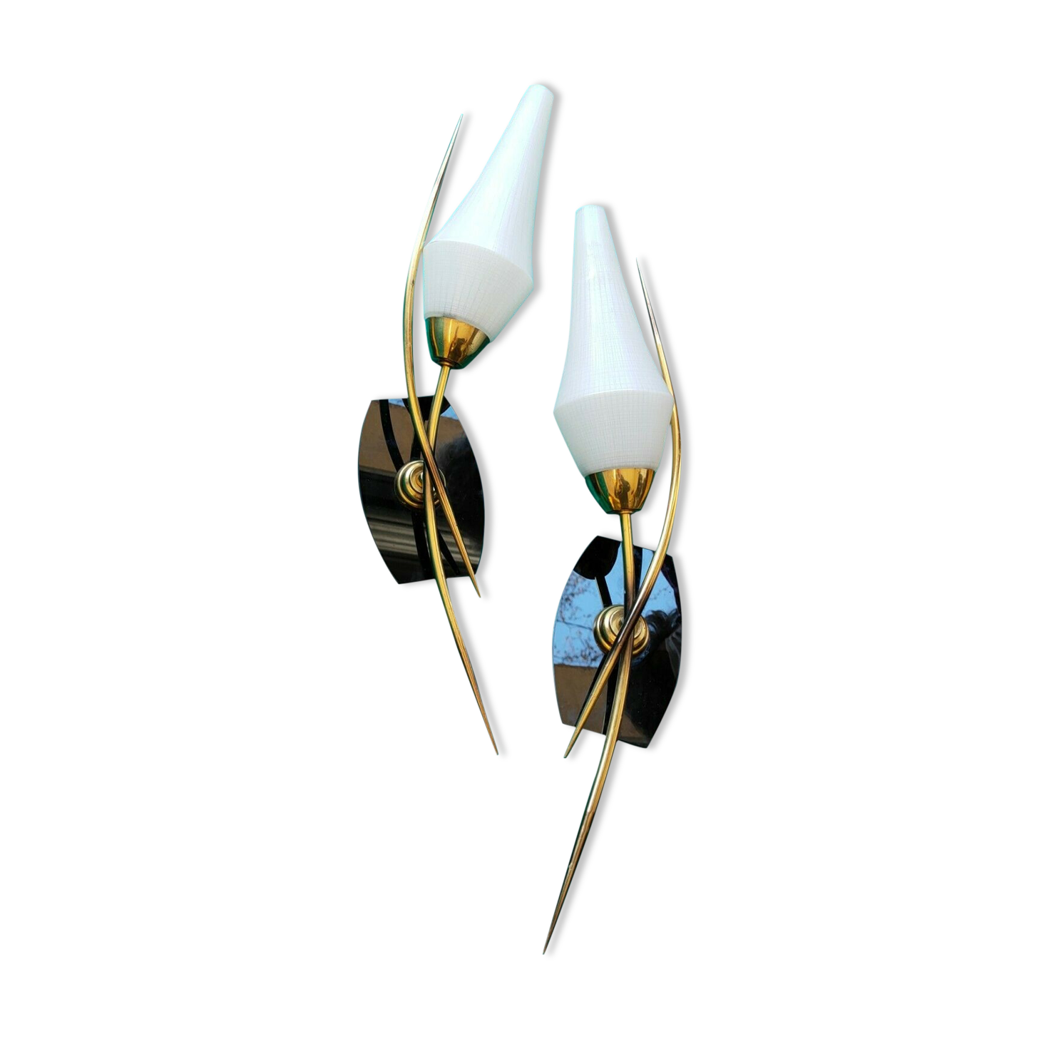 Pair of 1950 brass glass and black opaline