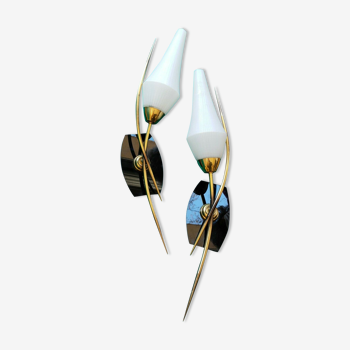 Pair of 1950 brass glass and black opaline