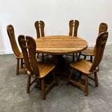 Rare majestic Depuydt brutalist oak dining set/chairs/table– Belgium, 1970s