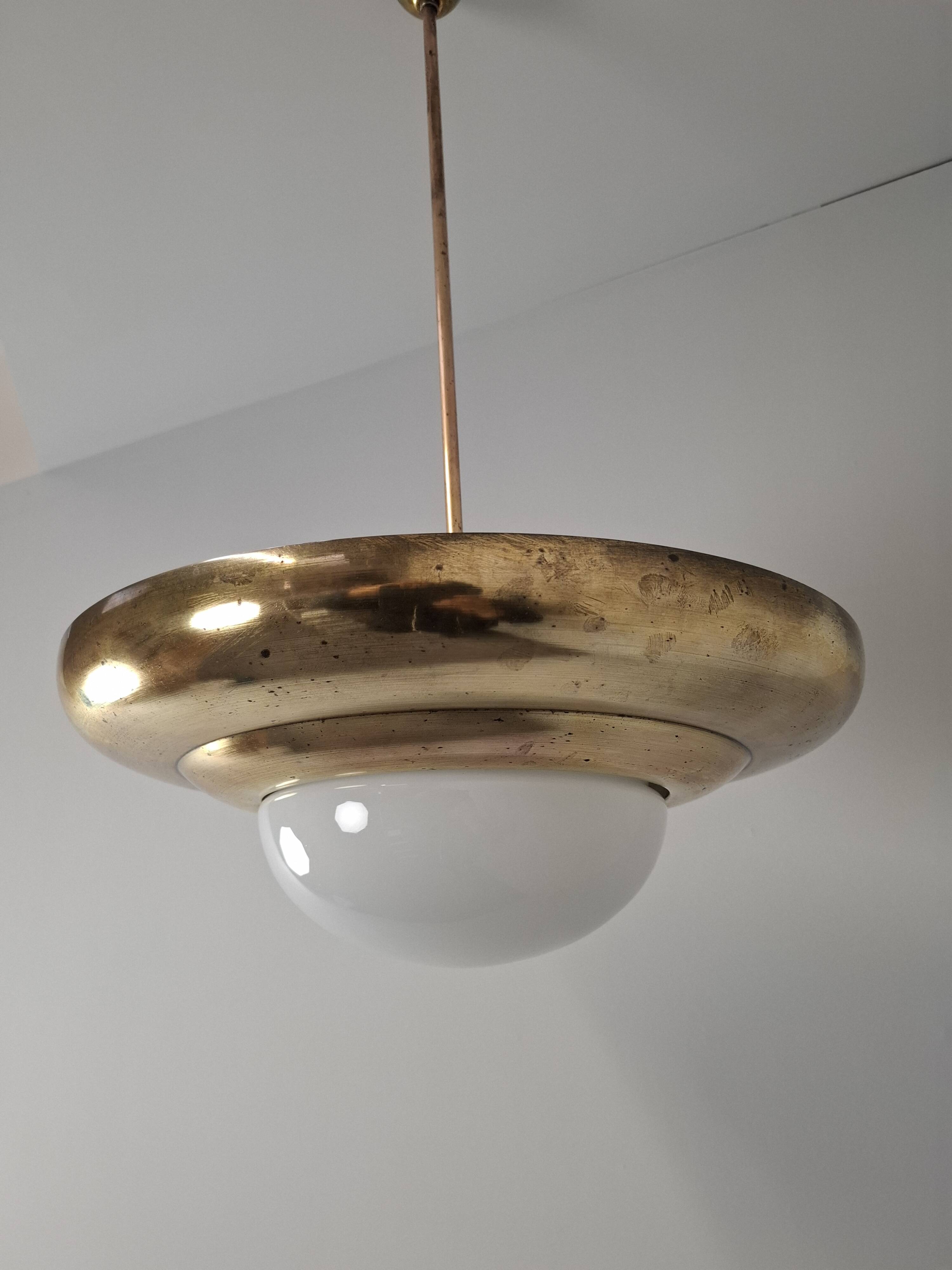 1920 Czechoslovak Art Deco Brass and Opaline Glass Pendant Lamp, Napako 134