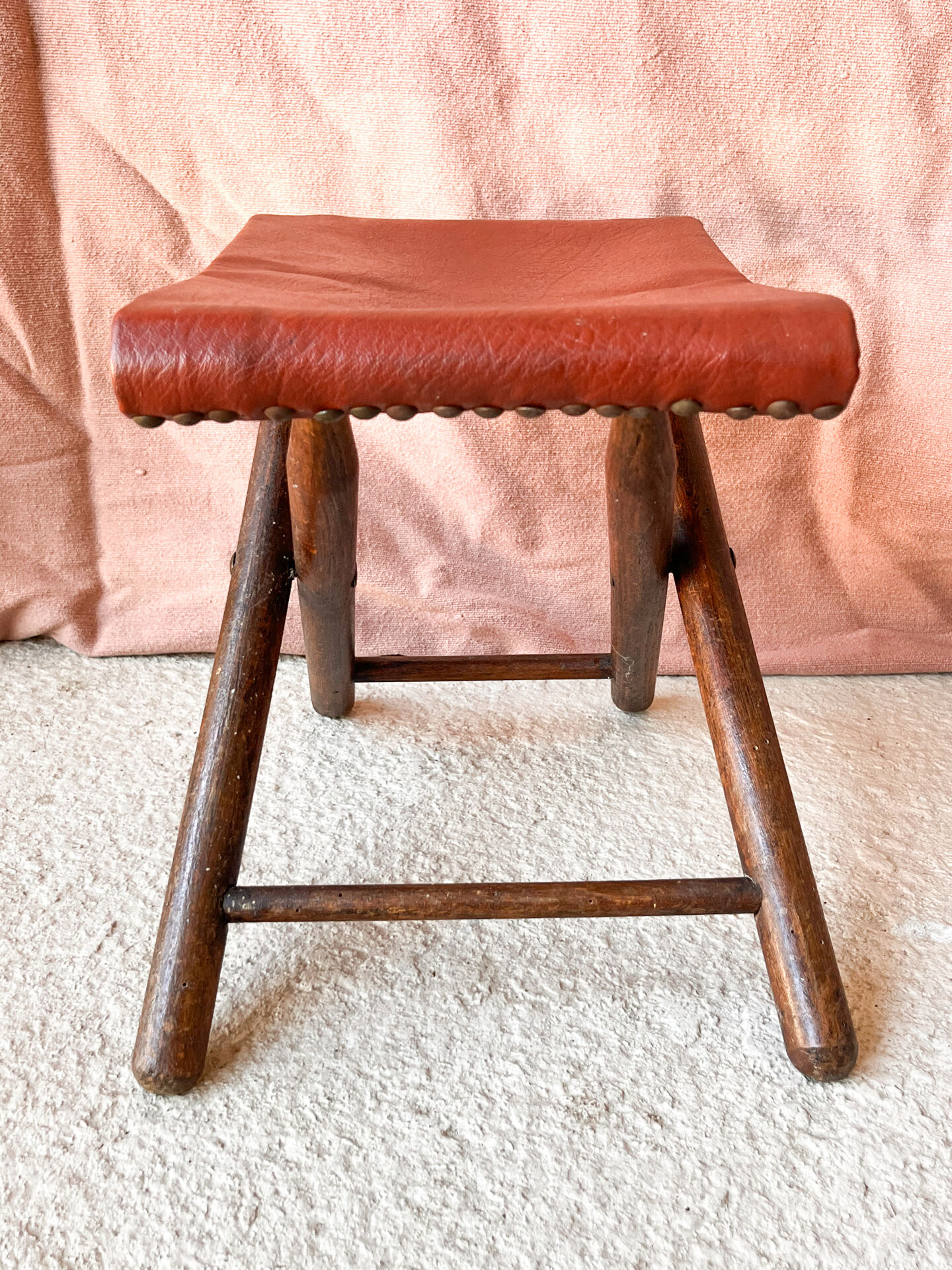 Vintage folding stool Leather & Wood Curule style