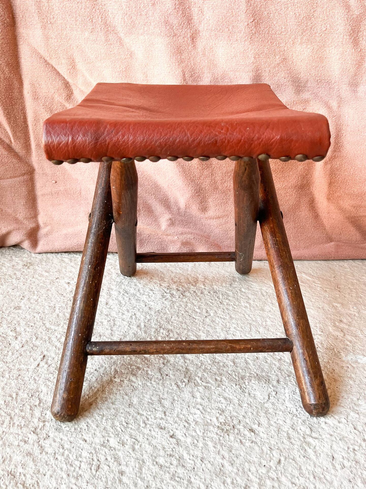 Vintage folding stool Leather & Wood Curule style