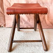 Vintage folding stool Leather & Wood Curule style