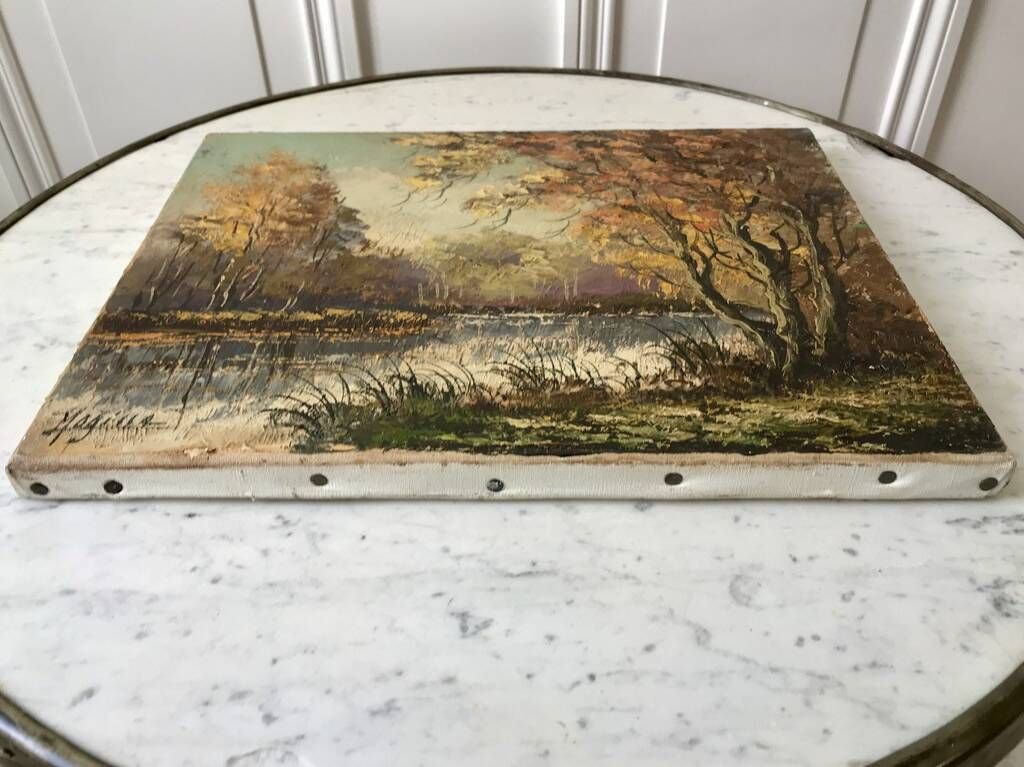 Oil painting on canvas river forest autumnal landscape signed