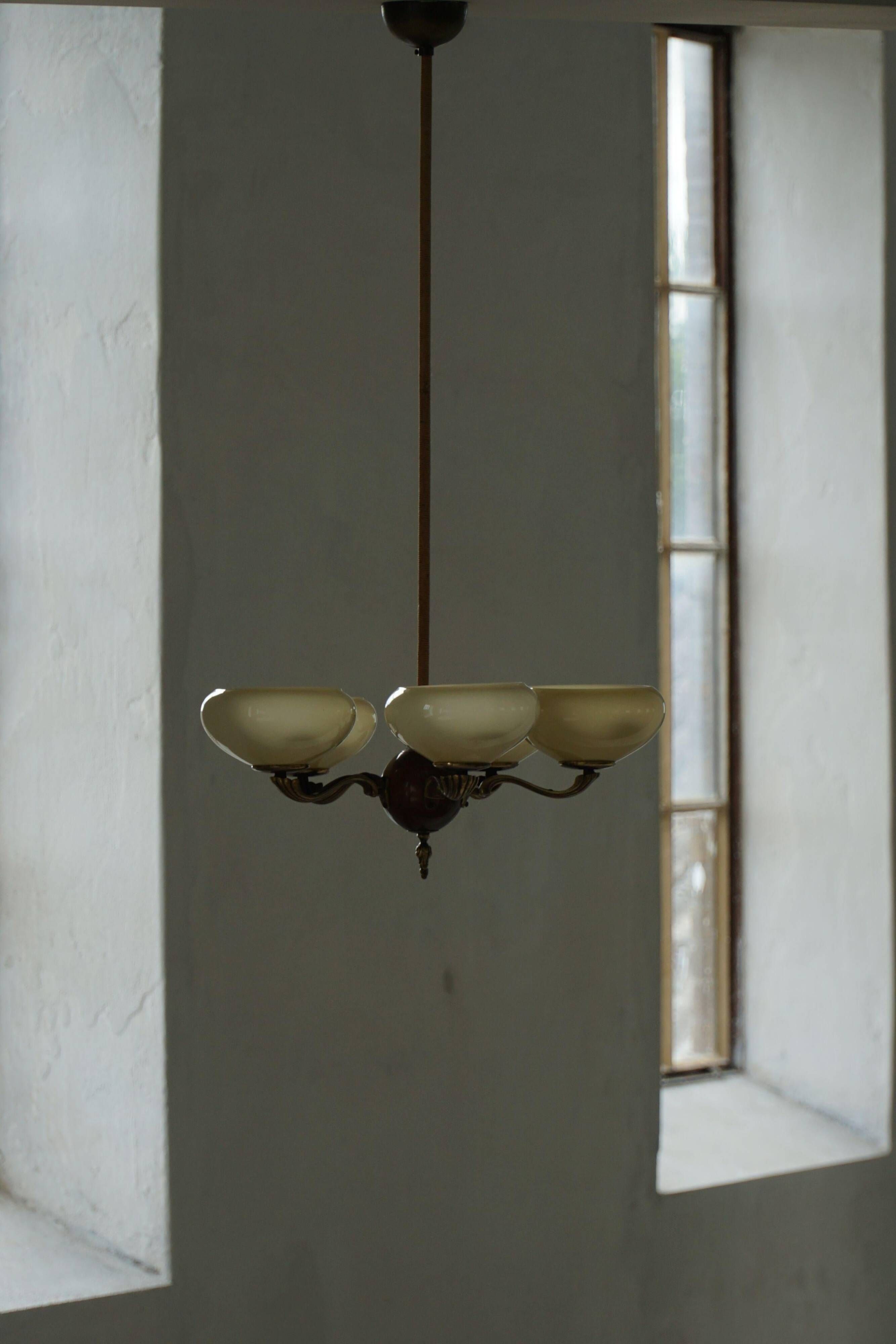 Five-armed chandelier by Paavo Tynell, Model No 1386/5 for Taito, Finland, 1930s.