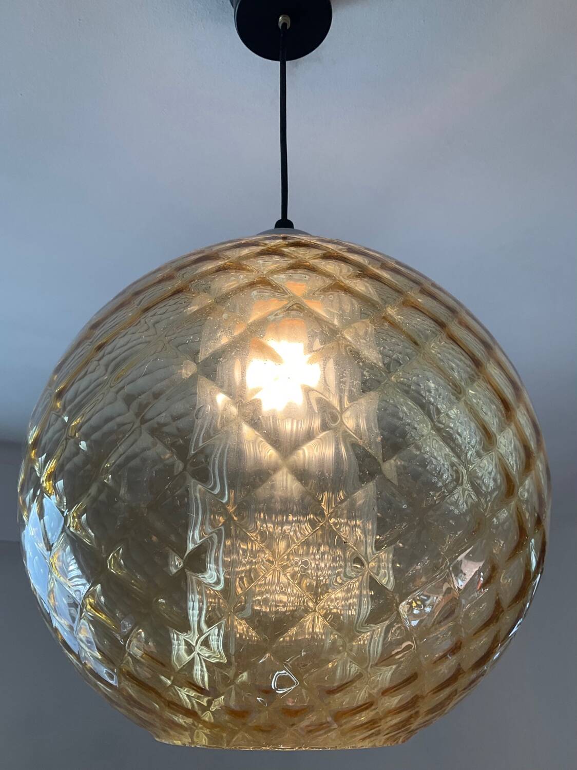 Vintage 70s smoked glass ball pendant light