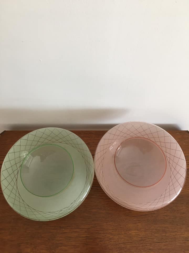 Duo of pink and green granite glass ceiling lights with grid patterns