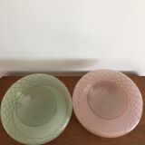 Duo of pink and green granite glass ceiling lights with grid patterns