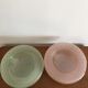Duo of pink and green granite glass ceiling lights with grid patterns