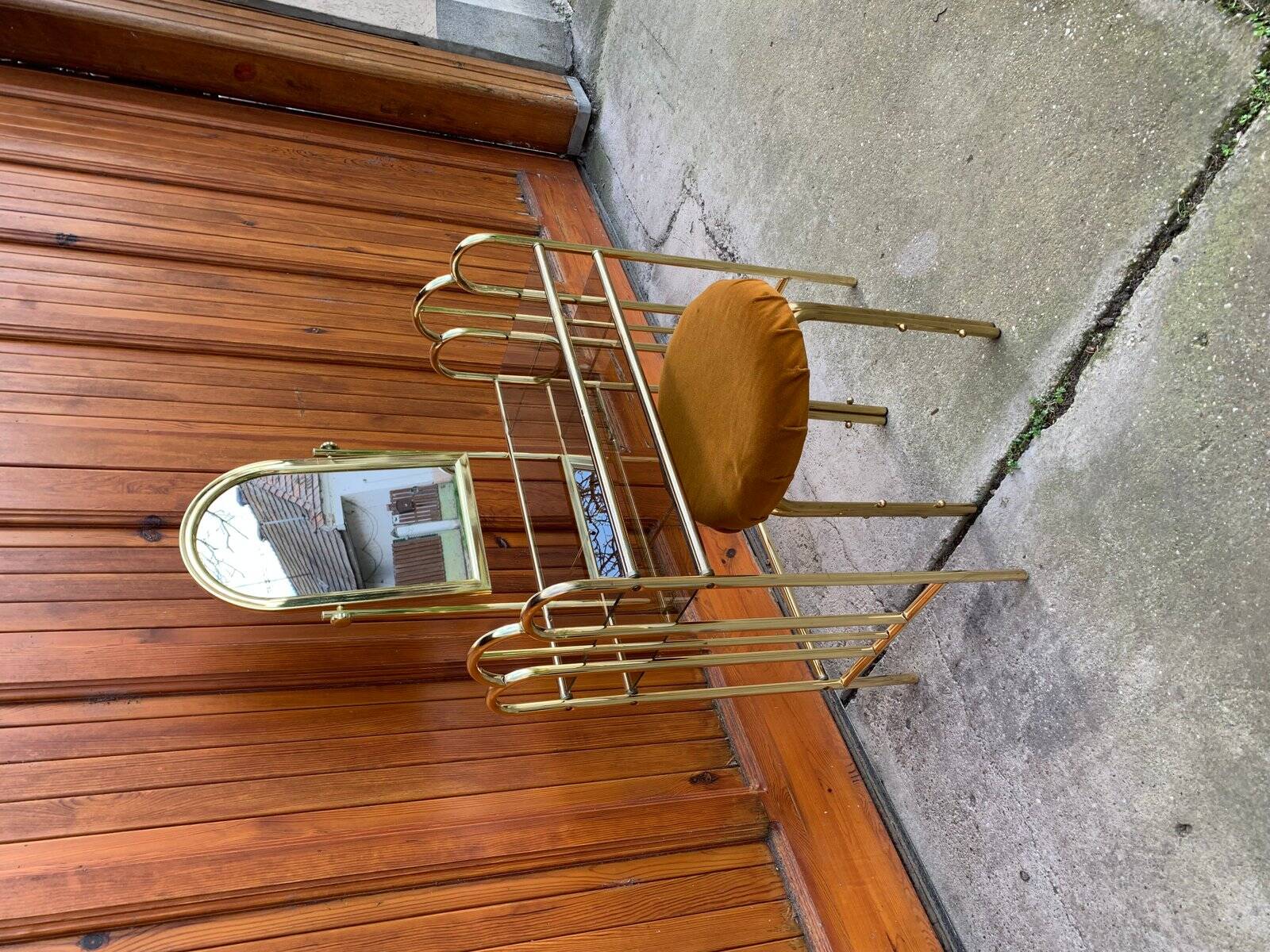 Vintage brown brass dressing table with mirror and matching stool, 1950s - set of 2