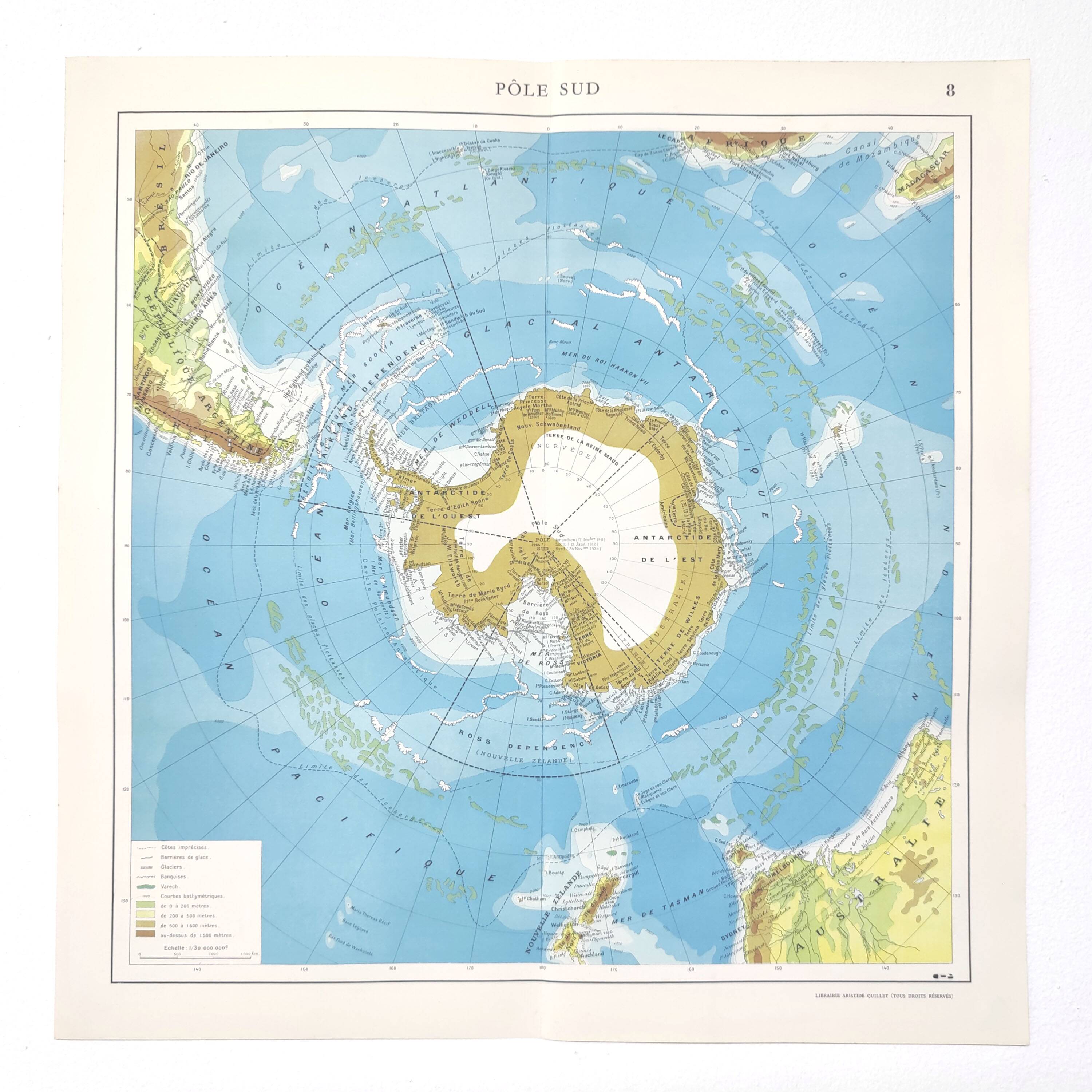Carte Pôle Sud Antarctique vintage de 1950