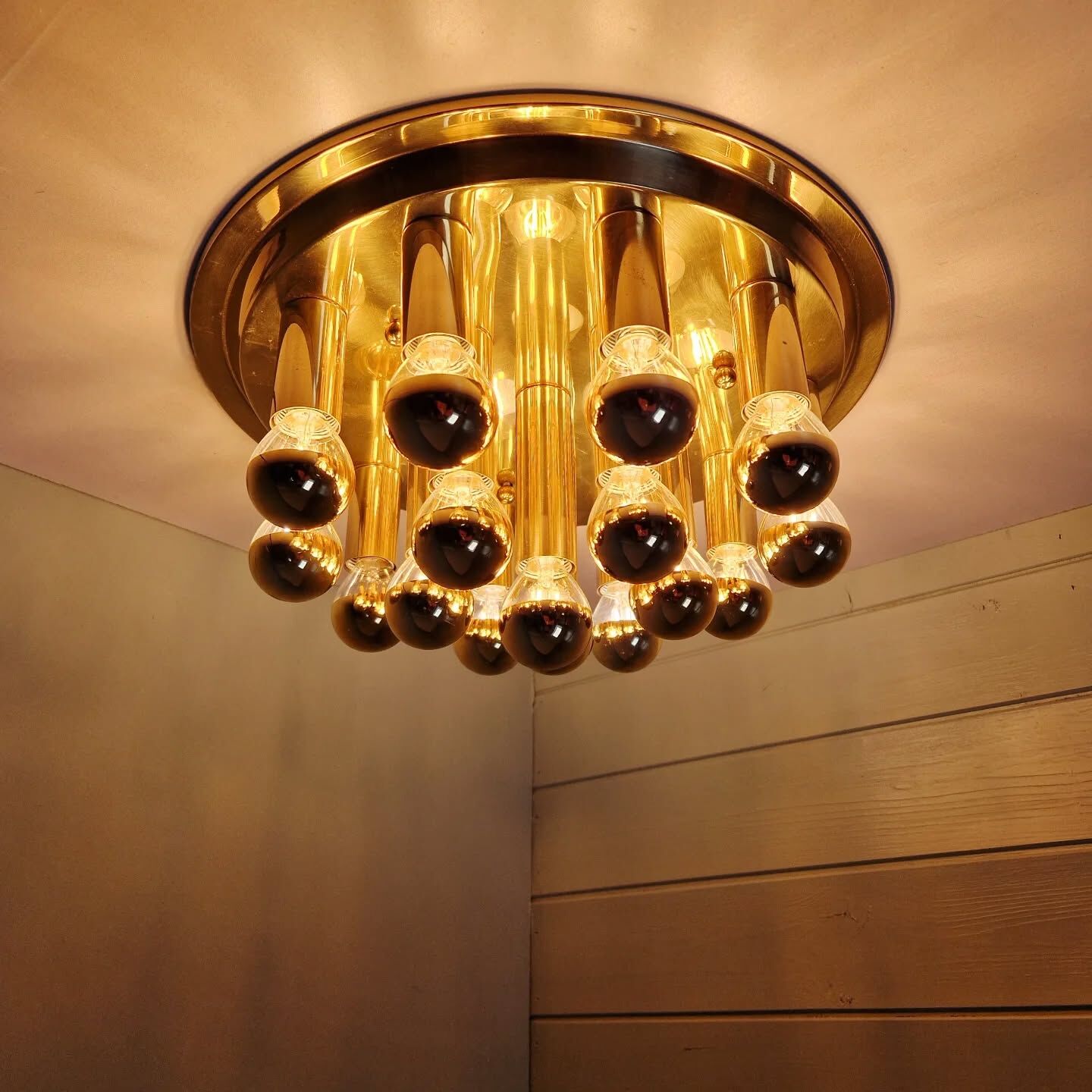 Large circular brass ceiling light, Space Age design, 1970s.