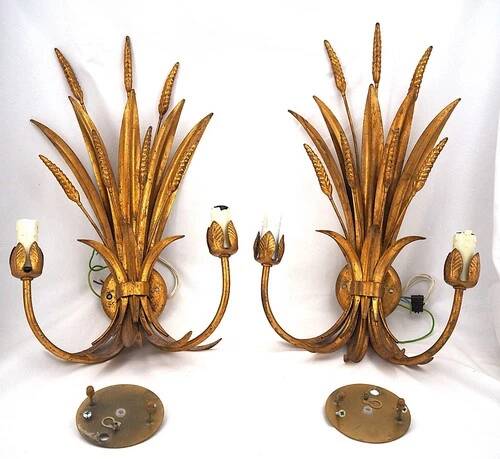 Beautiful pair of wall lights, gold metal, wheat ears, vintage, 48 cm, excellent condition.