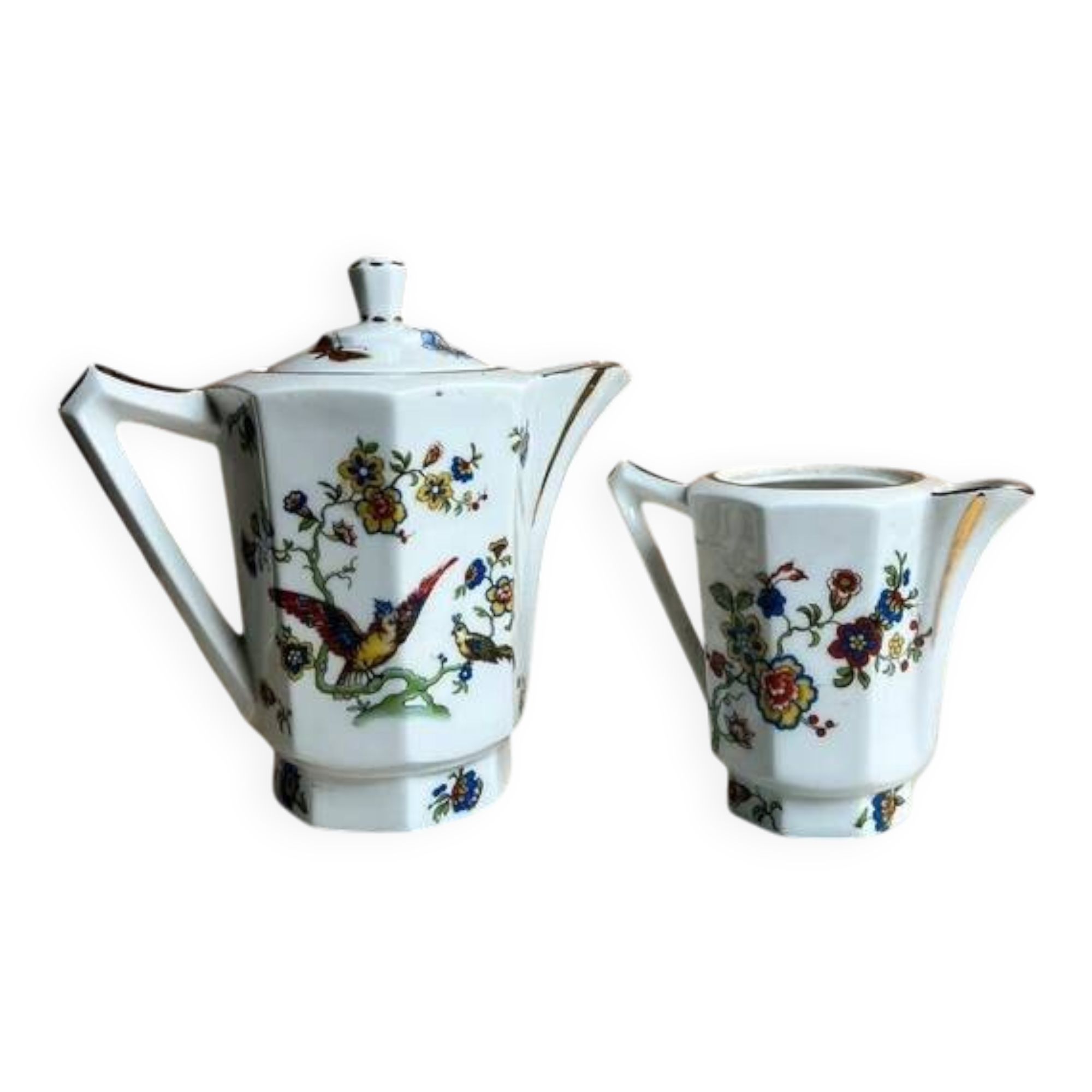 Limoges porcelain teapot/coffee pot and milk jug decorated with peacocks