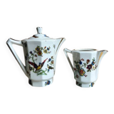 Limoges porcelain teapot/coffee pot and milk jug decorated with peacocks