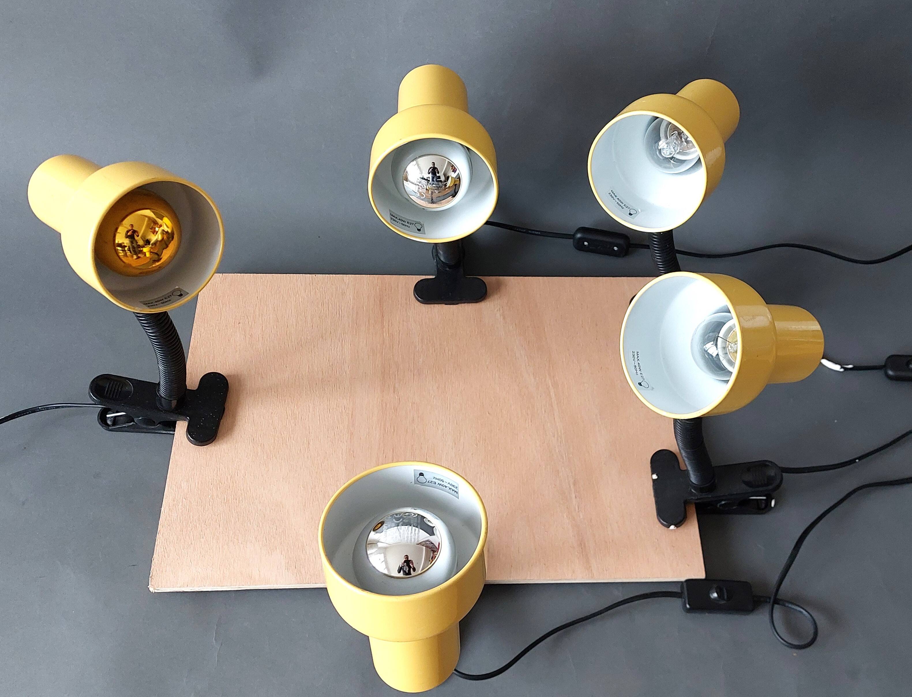 Series of 5 yellow lacquered adjustable clamp spotlights 1980 Vintage.