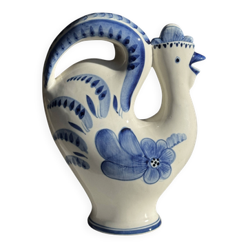 Carafe coq vintage en céramique blanche à décor bleu style Gjel, URSS