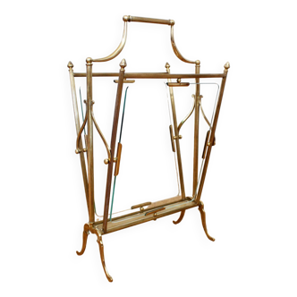 Regency style magazine rack in brass and glass