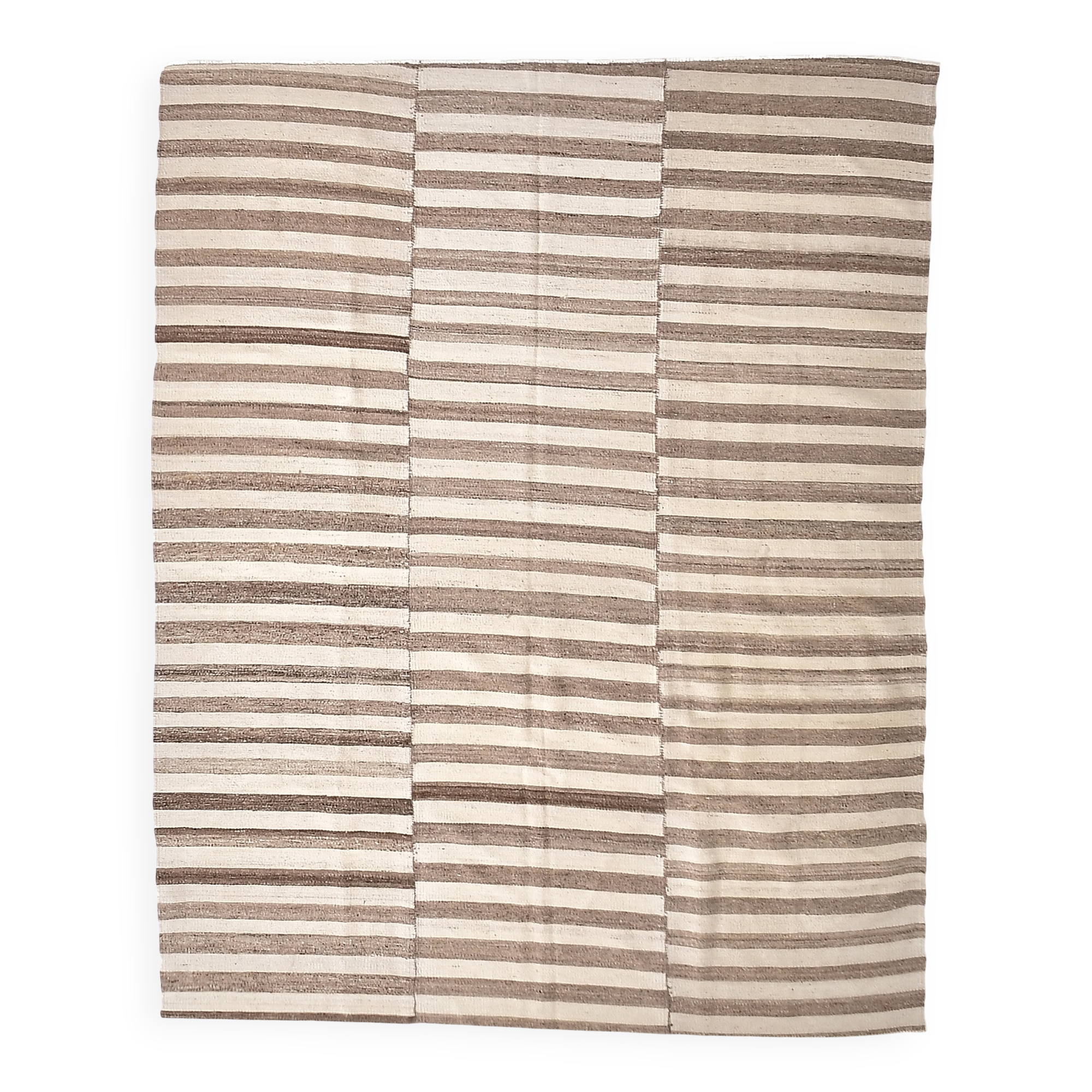 210x300 cm Natural Turkish Kilim, Striped white and brown kilim carpet