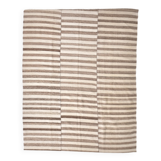 210x300 cm Natural Turkish Kilim, Striped white and brown kilim carpet