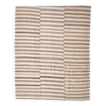 210x300 cm Natural Turkish Kilim, Striped white and brown kilim carpet