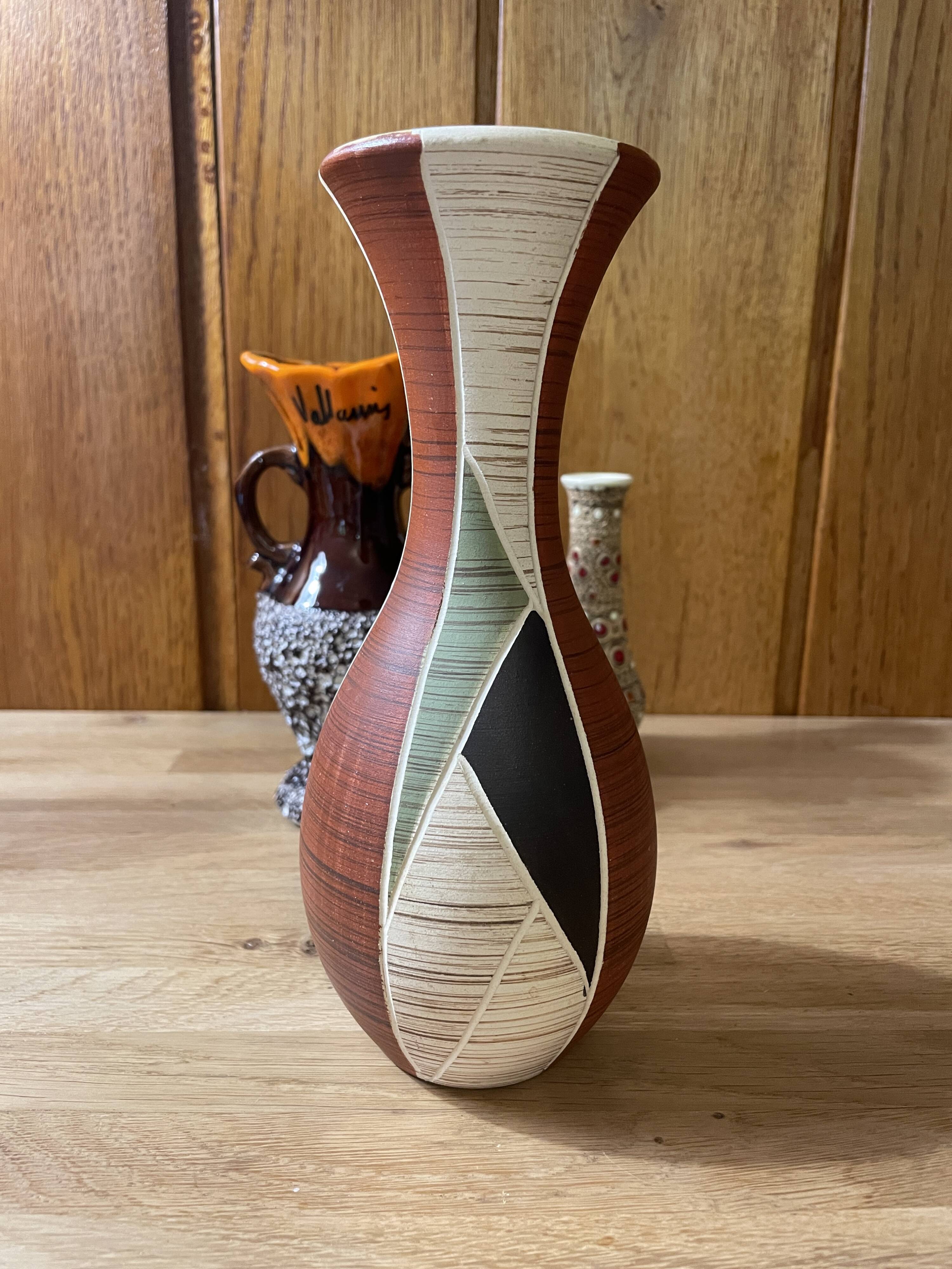 Vase ocher beige green black 1950 1960 ceramic