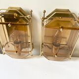Pair of Scandinavian Vintage  wall light Sconce in Brass & Amber colored Glass