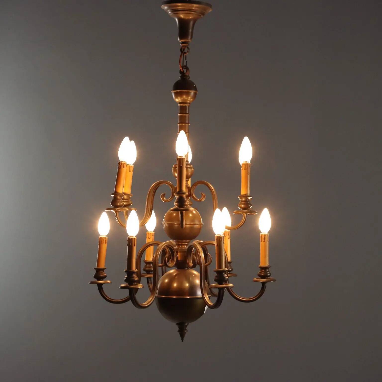 Antique bronze and glass chandelier with 12 lights, Netherlands, 20th century.