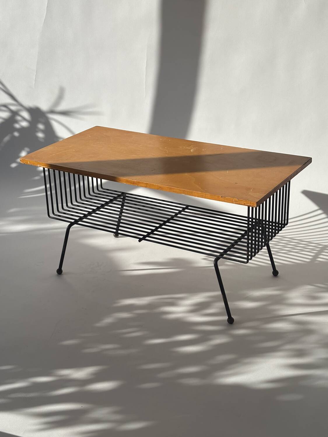 Mid-century metal and wood coffee table with magazine rack, Italy