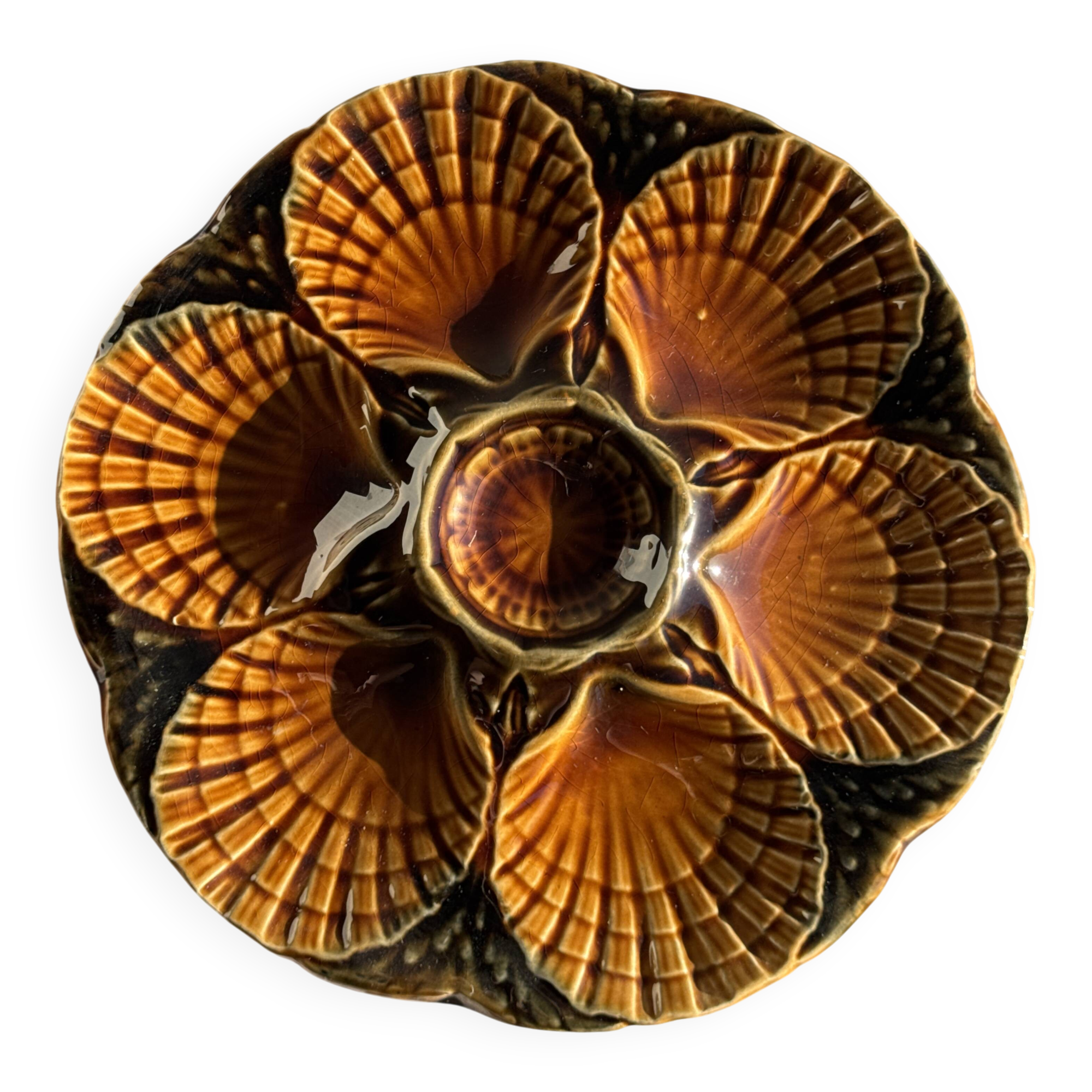 Set of 12 oyster or shell plates in glazed brown ceramic D