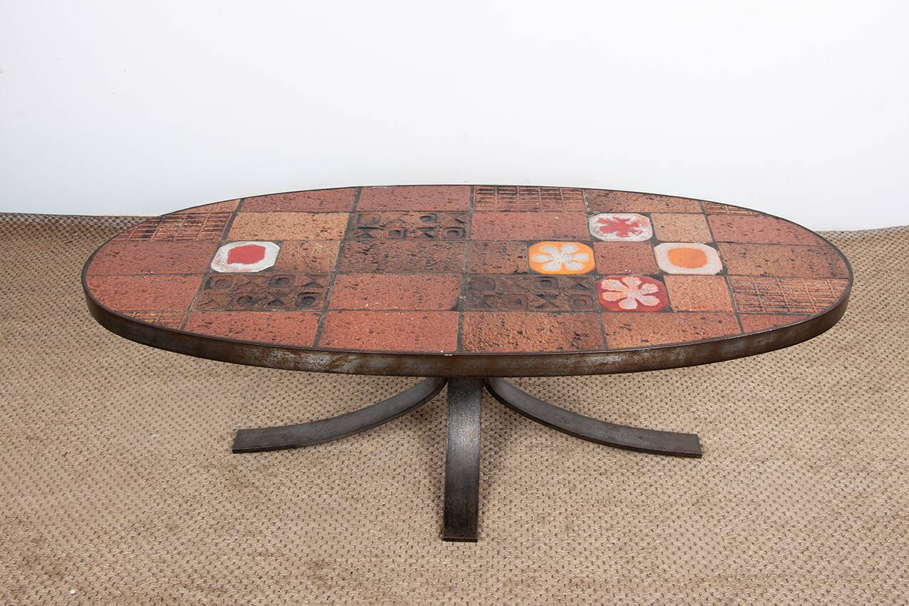 Lava stone, ceramic and steel coffee table by Jean Jaffeux 1960.
