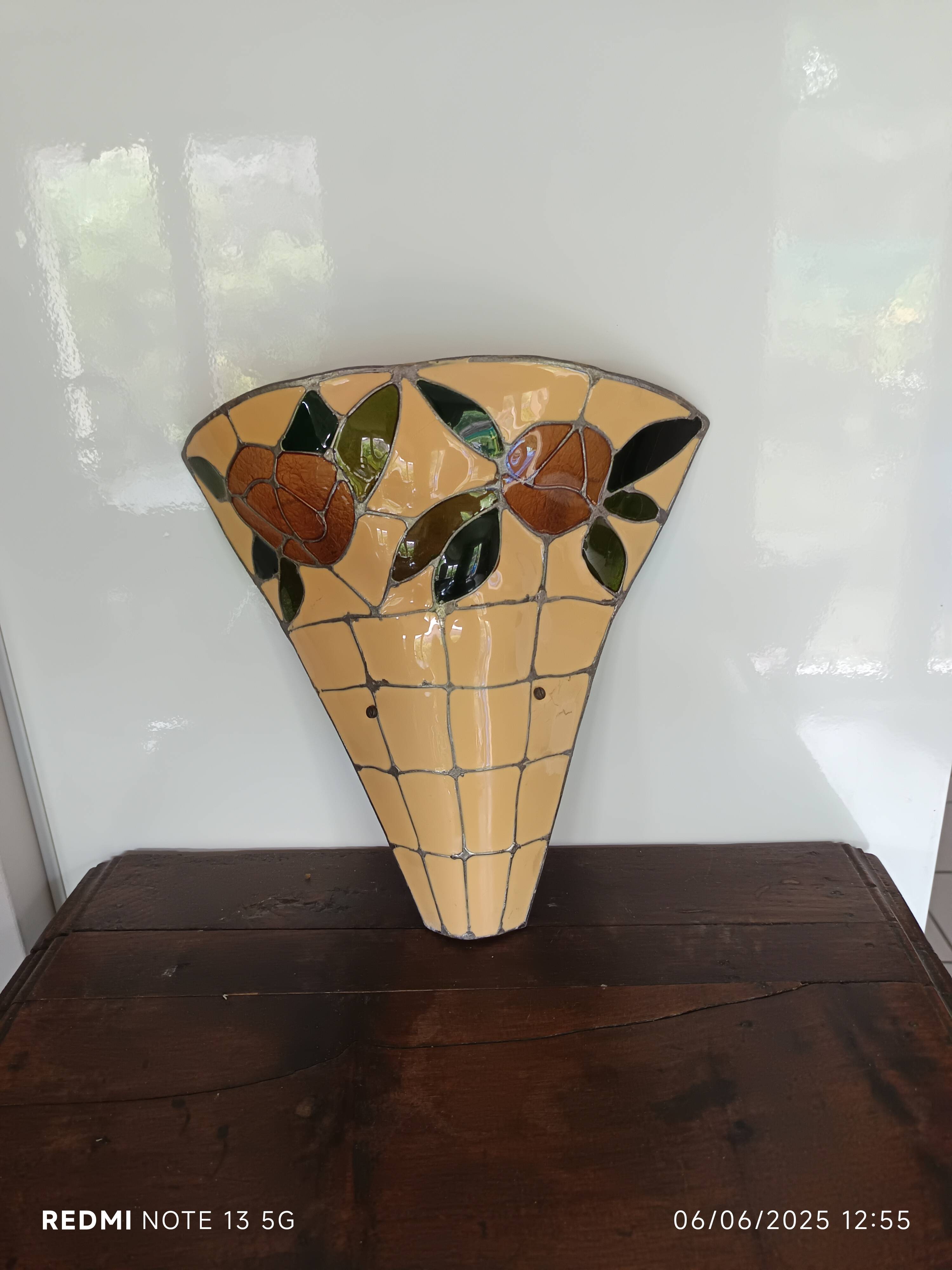 Stained glass and brass wall light from the 1970s