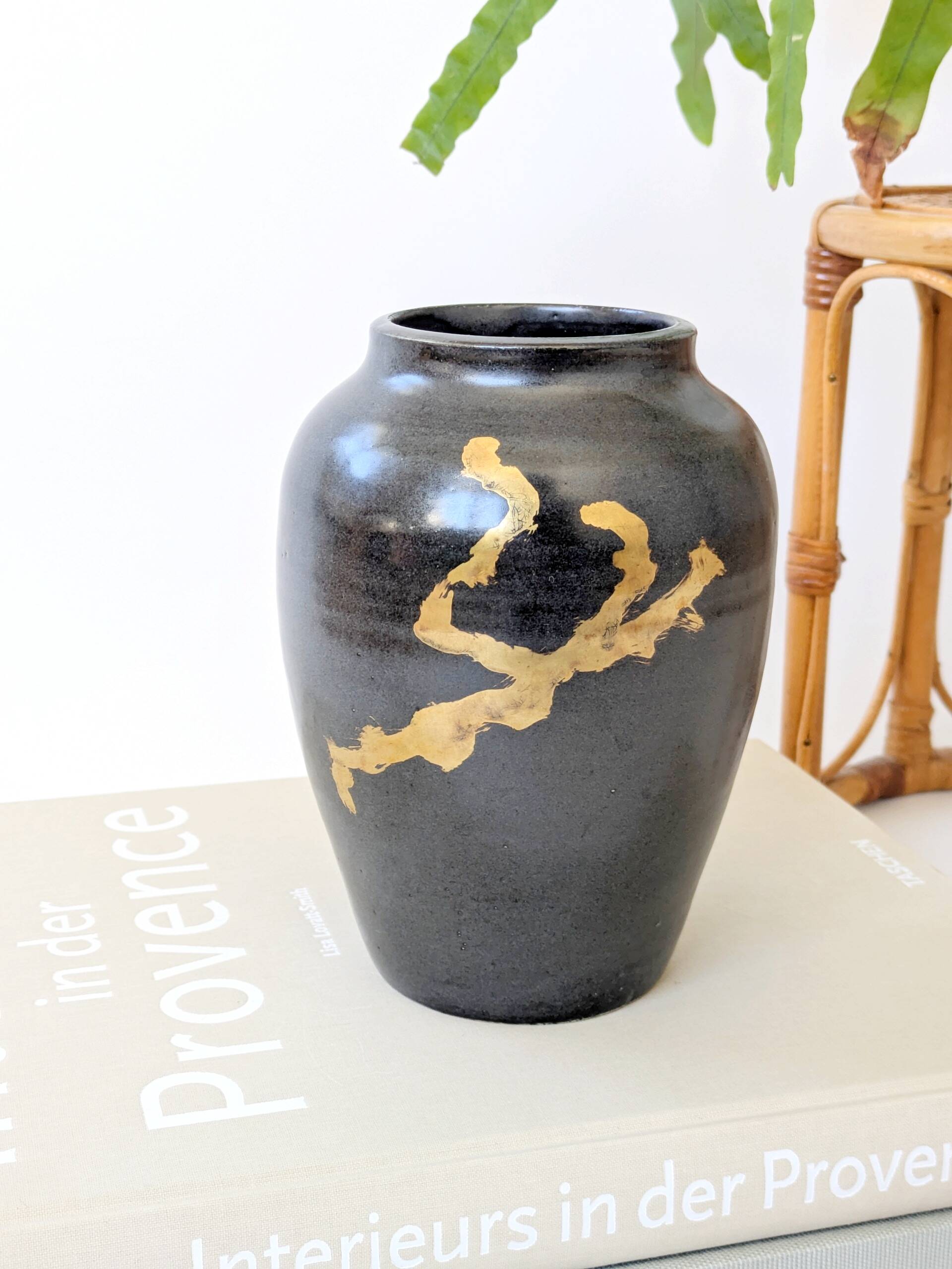 Vintage ceramic vase, black and gold, Japandi style