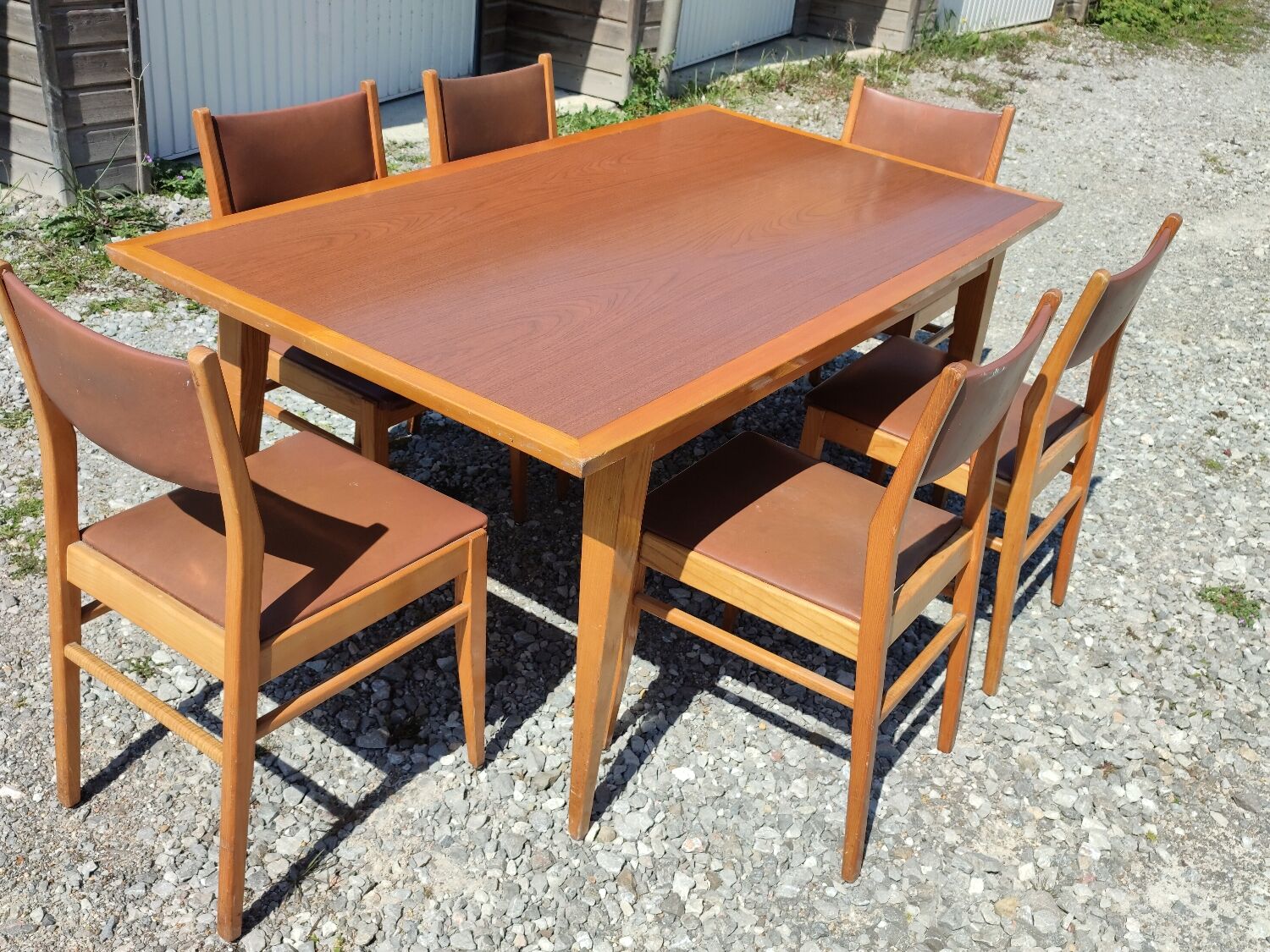 Formica teak table + 10 vintage Scandinavian style chairs