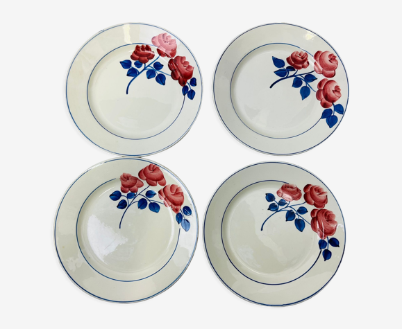 4 assiettes vintage fleurs rose rouge HBCM