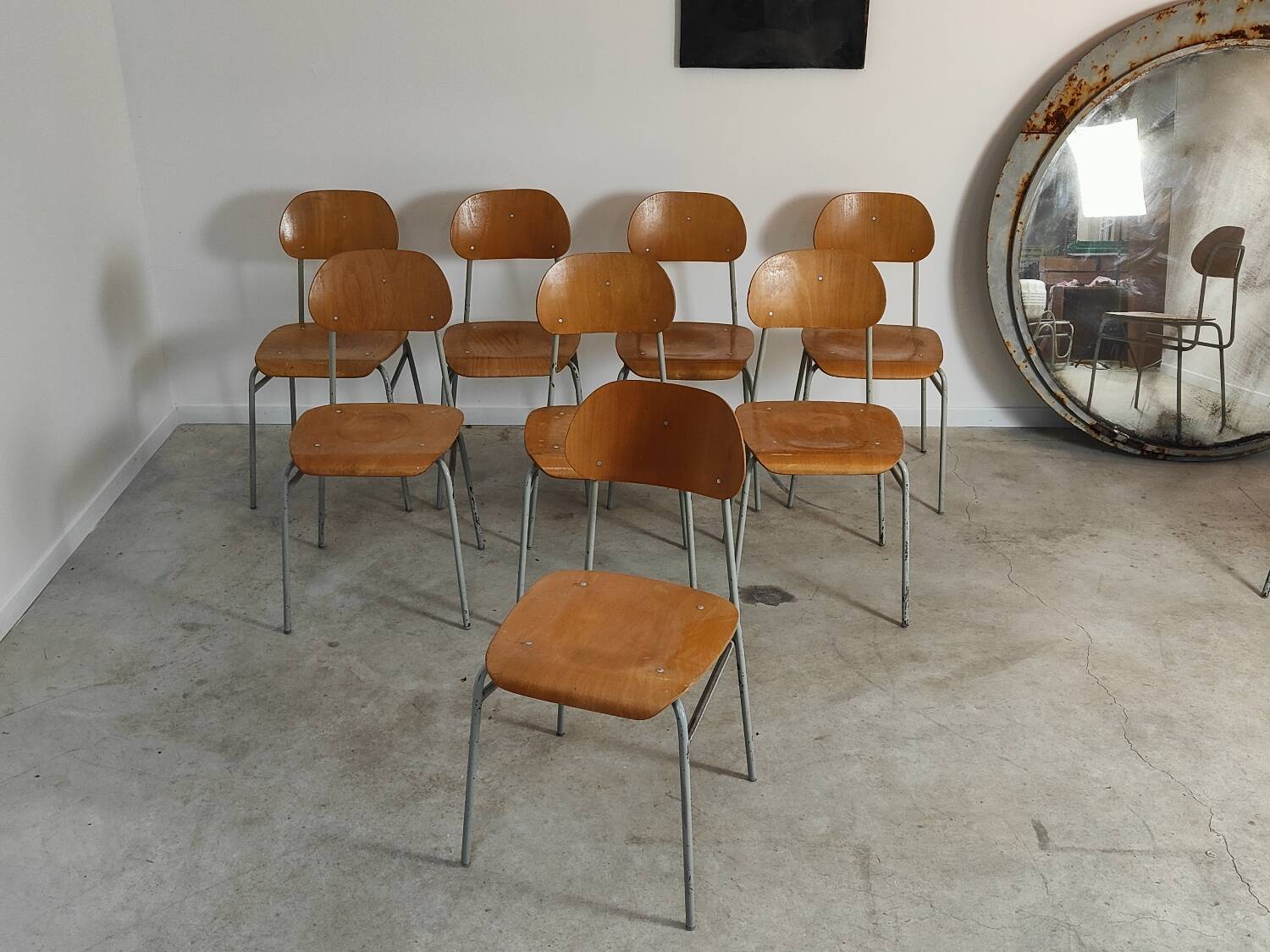 Set of 8 industrial style school chairs, Czechoslovakia 1950