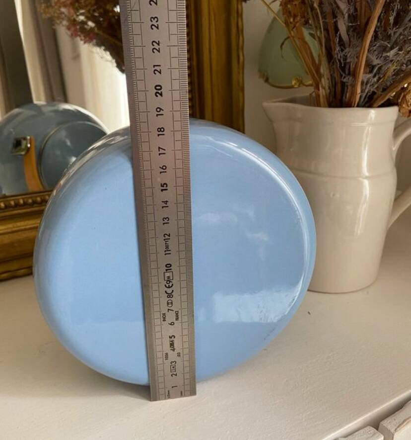 Vintage blue enamelled tin teapot with wooden handle