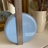 Vintage blue enamelled tin teapot with wooden handle