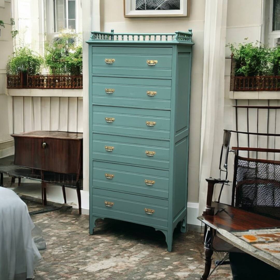 Old grey green high chest of drawers H160
