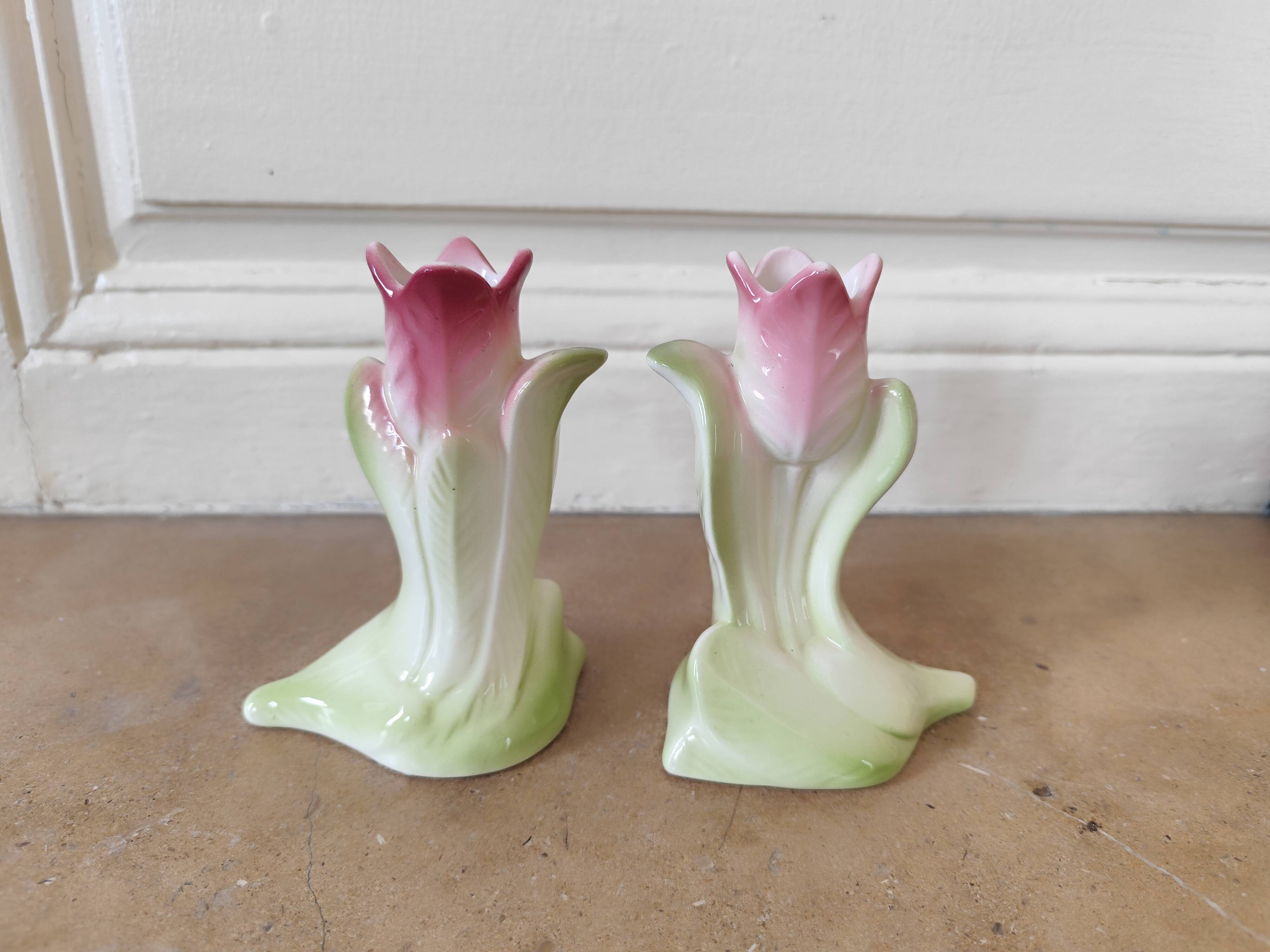 Paire vases soliflore art deco barbotine tulipe