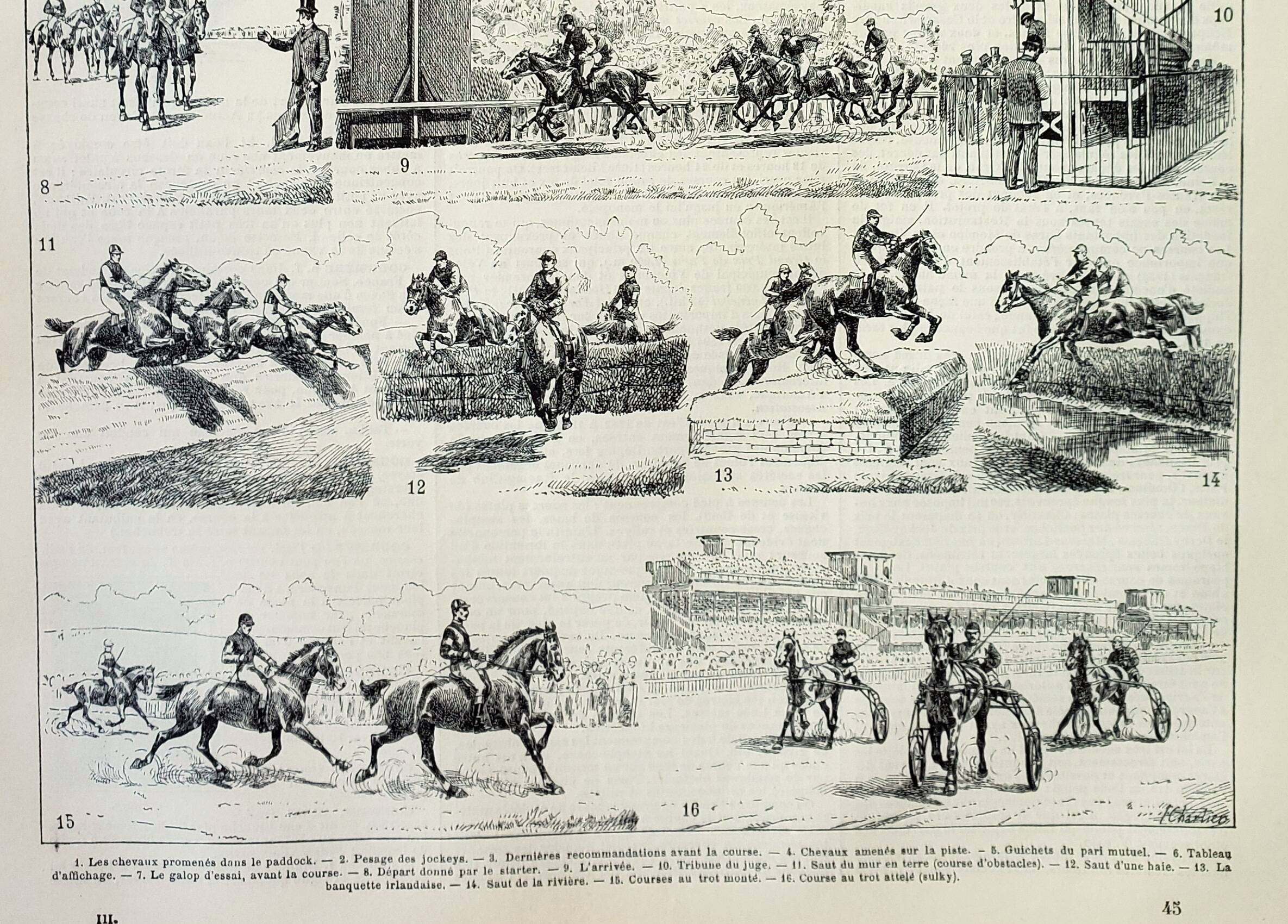Gravure ancienne 1898, Course de chevaux, hippodrome • Lithographie, Planche originale