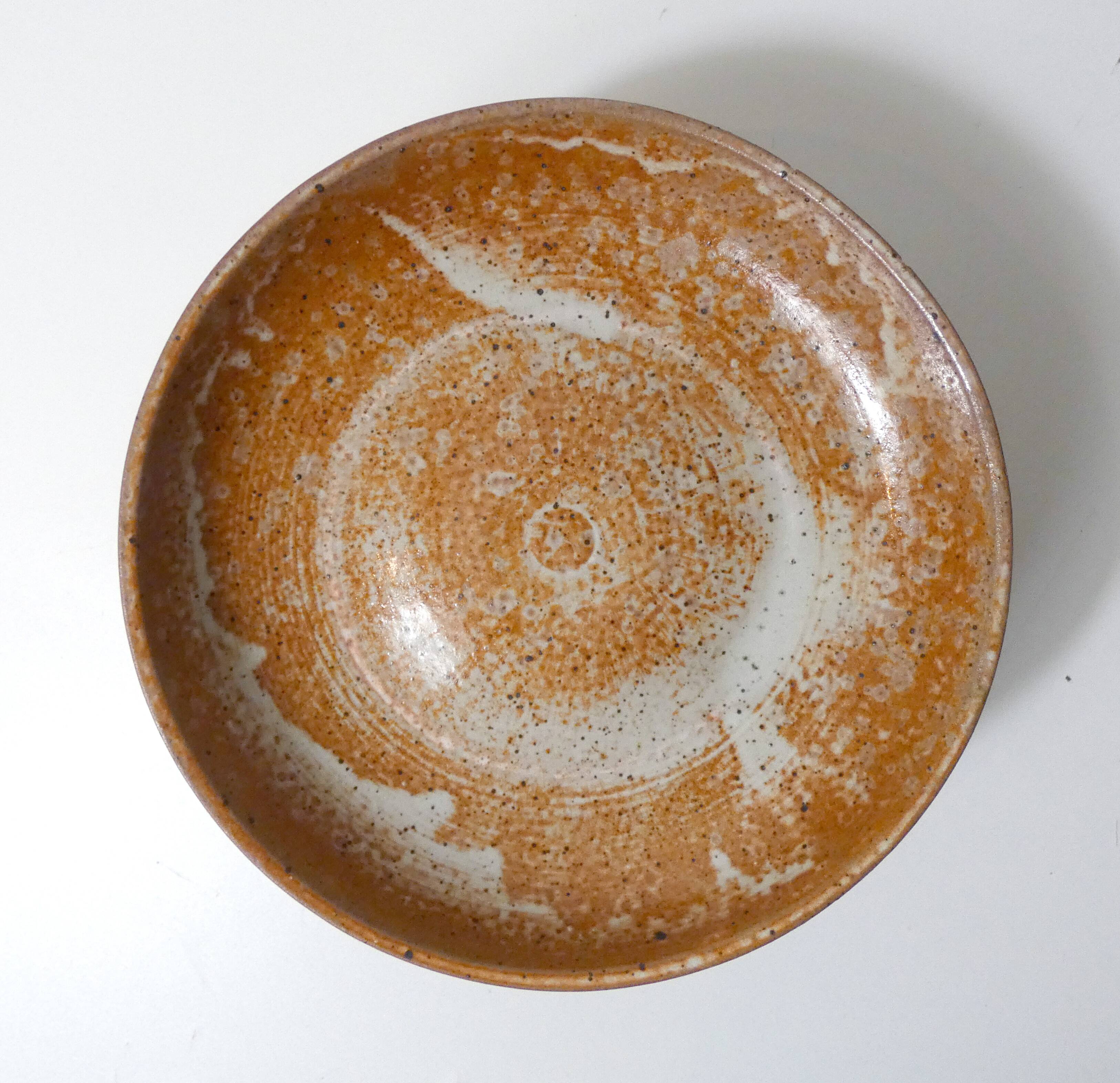 Large vintage stoneware compote dish with a footed plate