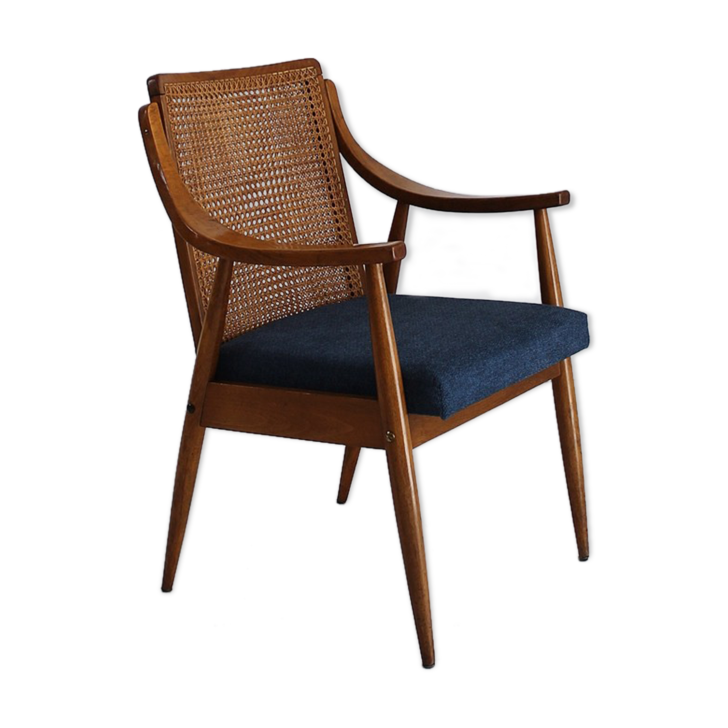 Hungarian Reupholstered Mid Century Modern Woven Cane Armchair 1960s Selency