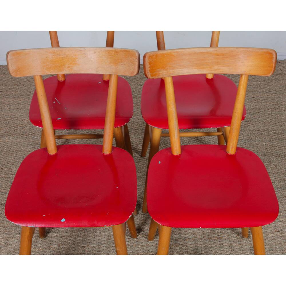 Set of four red chairs published by Ton, 1960