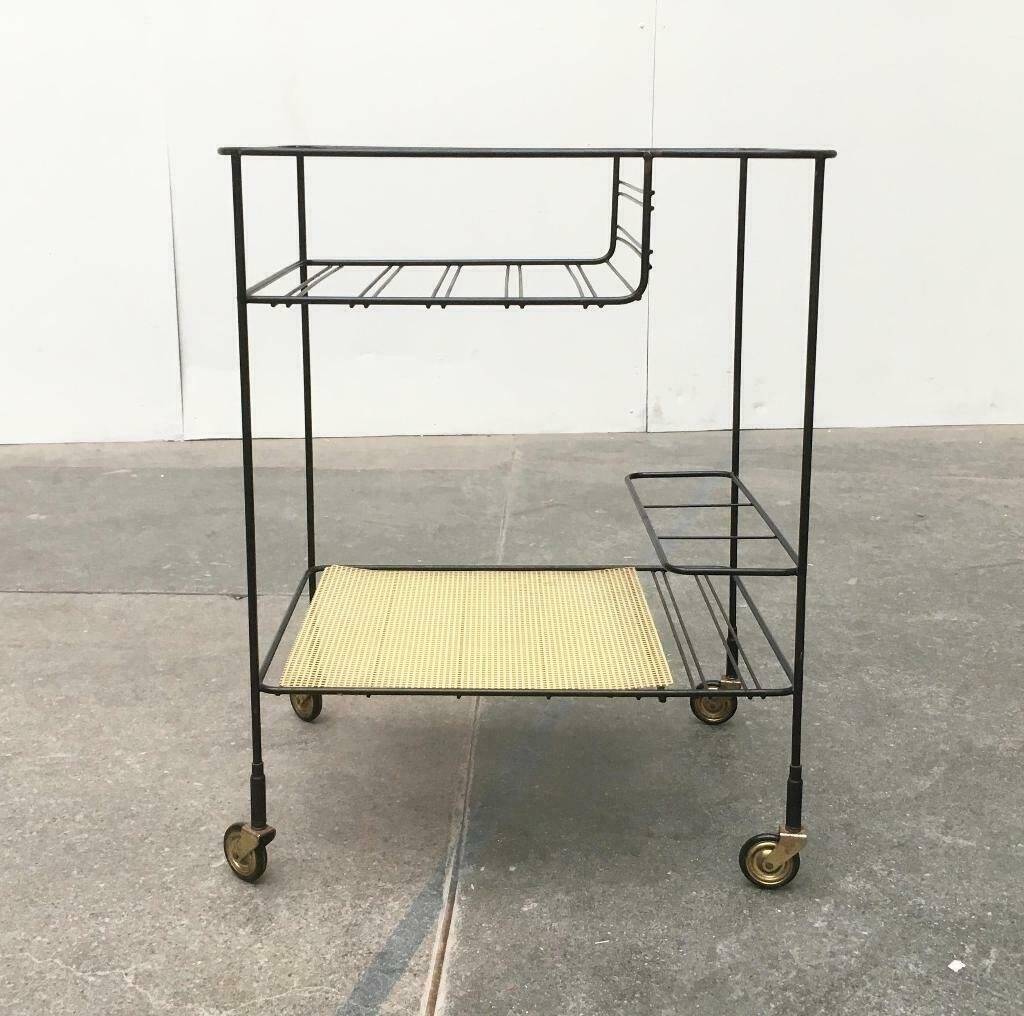 Minimalist perforated metal serving trolley in mid-century style, 1960s.